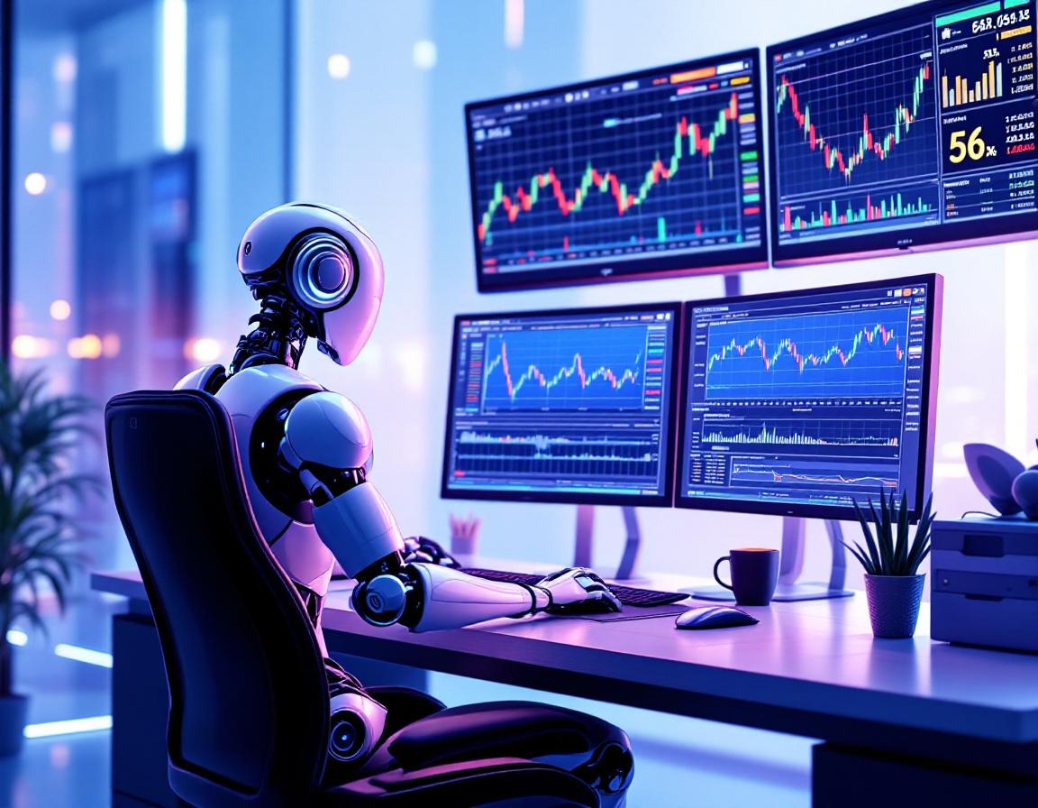 A humanoid AI trading bot analyzes market data at a sleek workstation with multiple glowing screens.