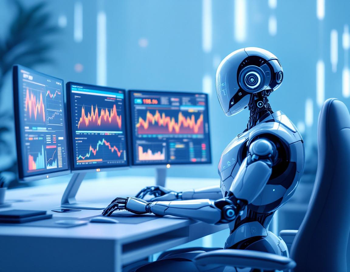 A humanoid AI trading bot analyzes market data at a high-tech workstation with multiple screens.