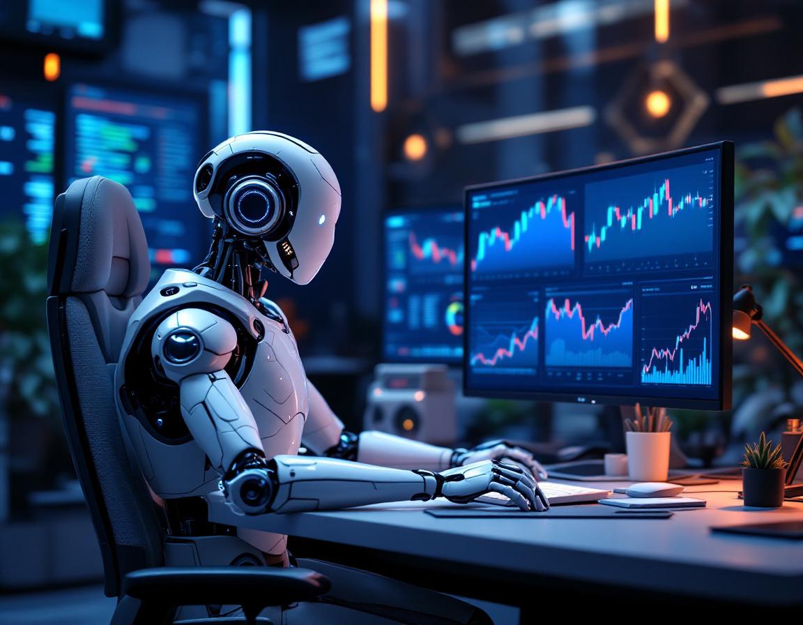 A hyper-realistic AI trading bot at a workstation, analyzing market data on multiple screens.