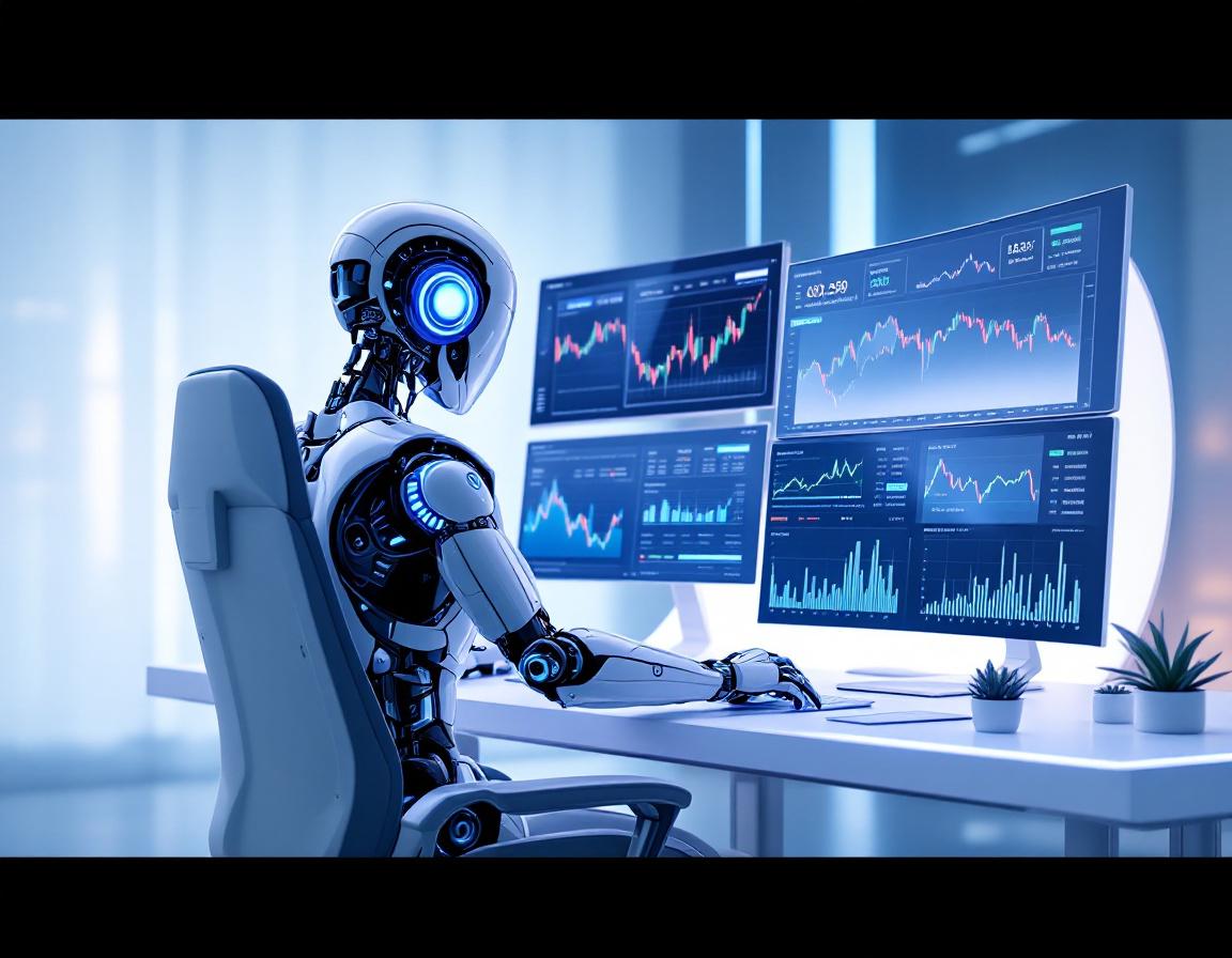 A humanoid AI trading bot at a high-tech workstation, analyzing market data on multiple screens.