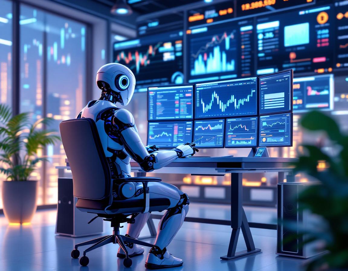 A futuristic AI trading bot at a high-tech workstation analyzing market data on multiple screens.