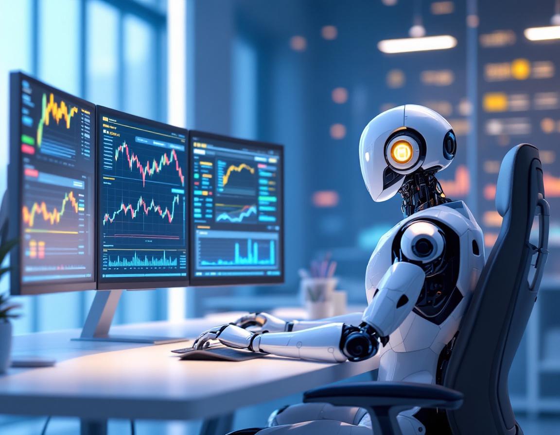 A hyper-realistic AI trading bot analyzing market data at a sleek workstation with multiple screens.