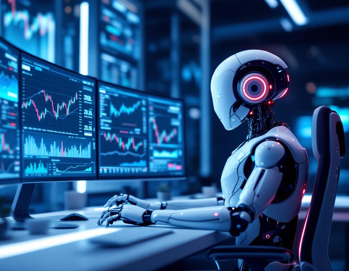 A humanoid AI trading bot analyzes market data at a high-tech workstation with glowing screens.