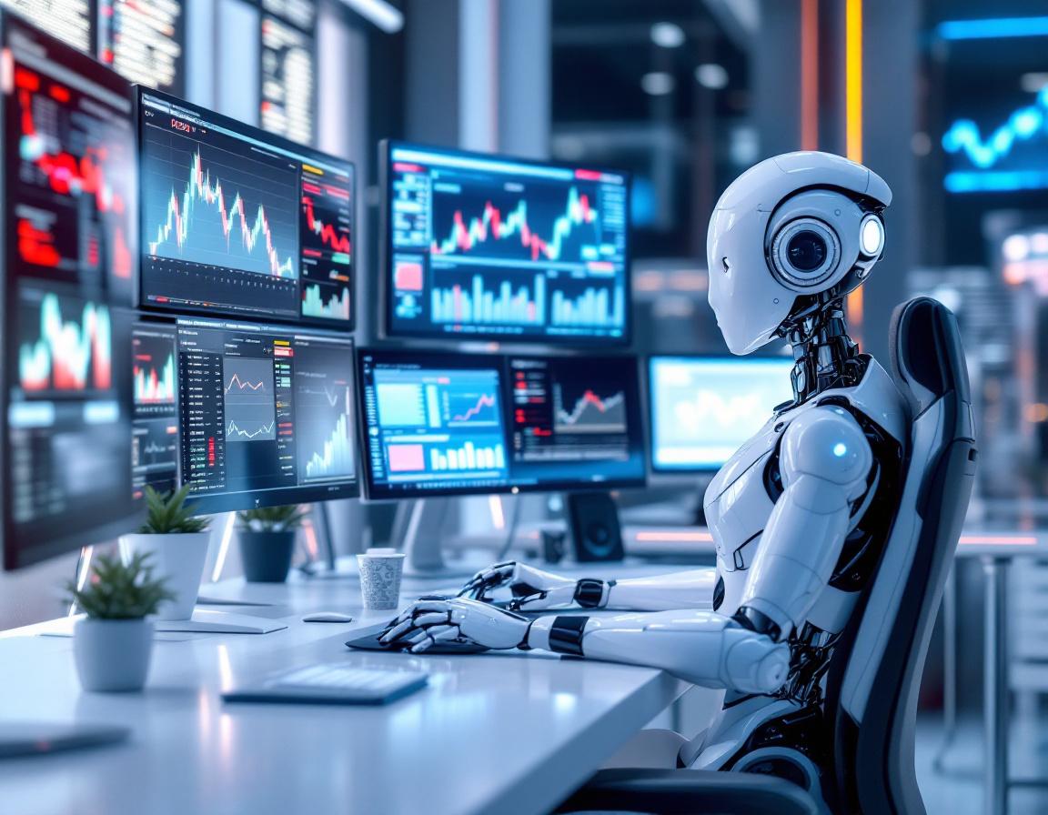 A hyper-realistic AI trading bot seated at a workstation, analyzing market data on multiple screens.