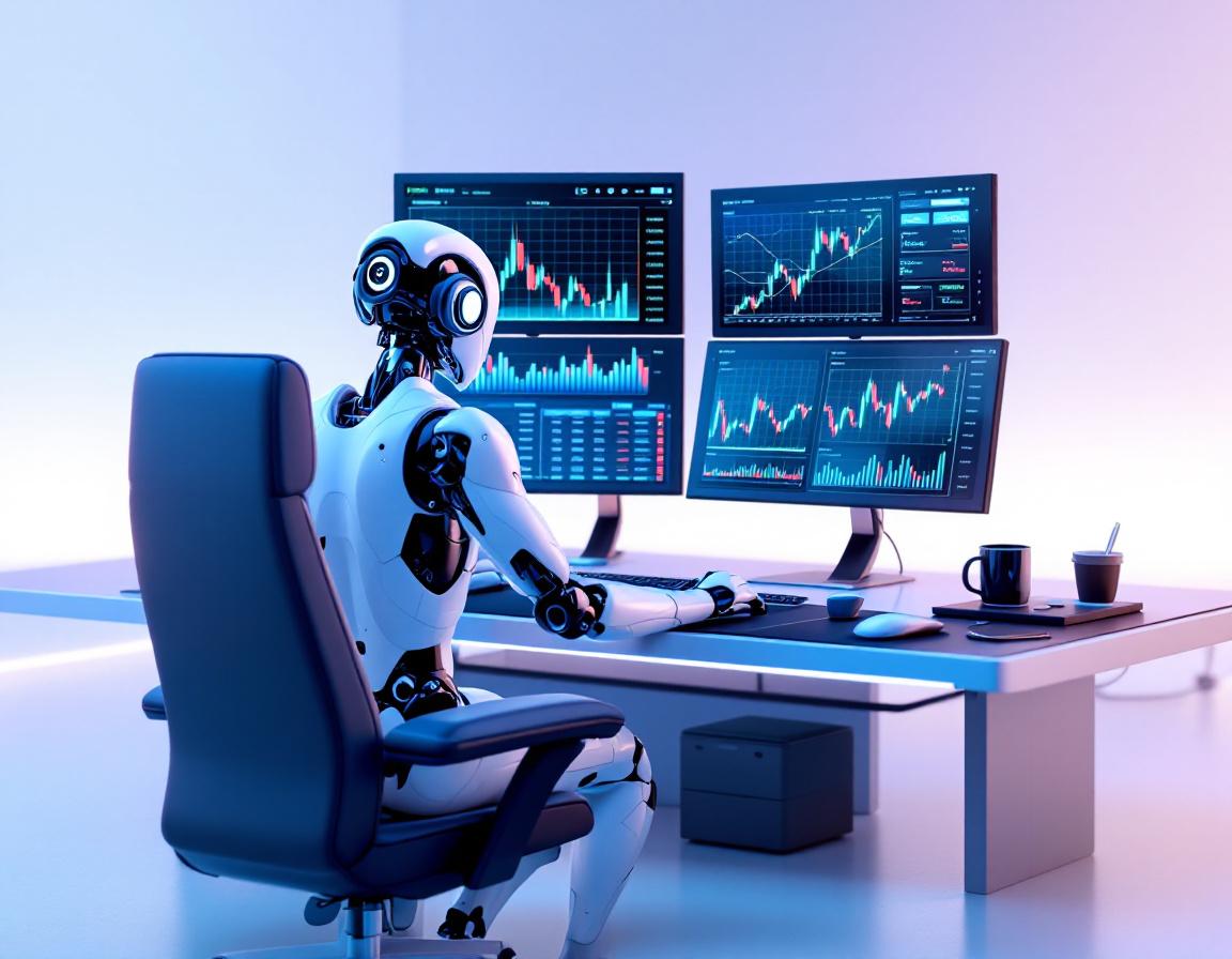 A hyper-realistic AI trading bot in a futuristic setting, analyzing markets on multiple screens.