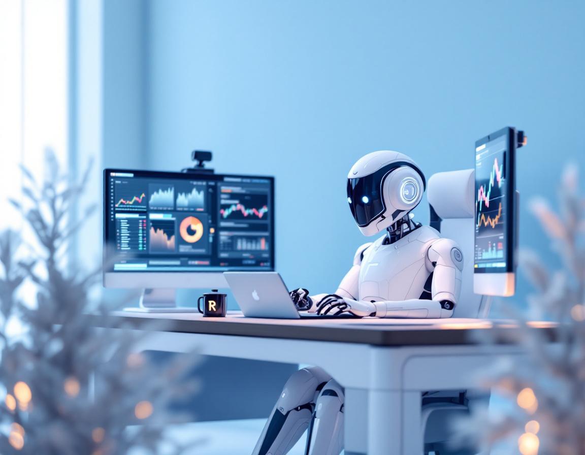 A hyper-realistic AI trading bot analyzes market data in a futuristic financial trading environment.