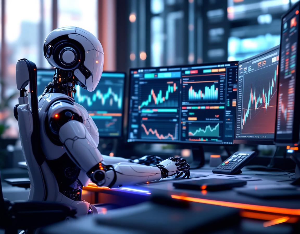 A hyper-realistic AI trading bot seated at a high-tech workstation analyzing market data and trends.