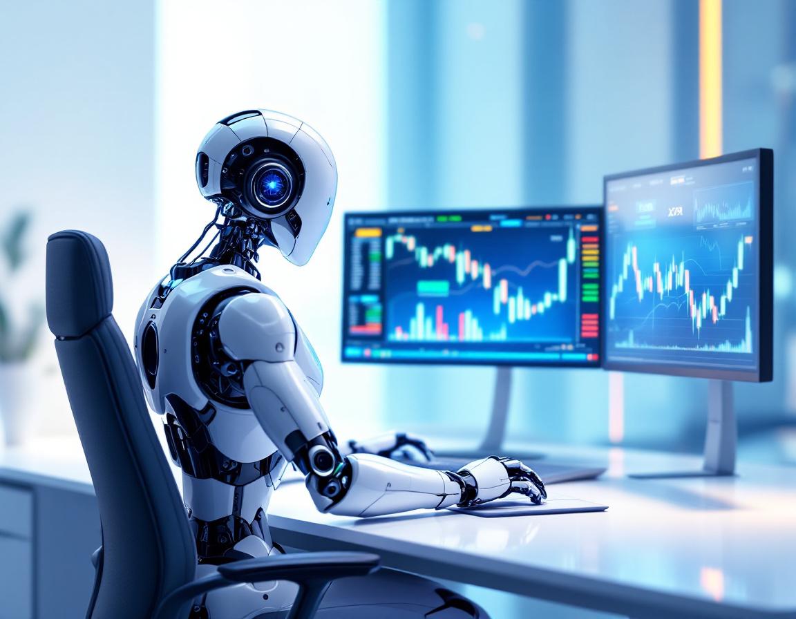 A hyper-realistic AI trading bot at a workstation, analyzing market data on multiple screens.