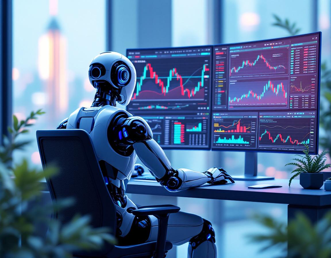 A 3D realistic AI trading bot at a workstation analyzing market data on multiple glowing screens.