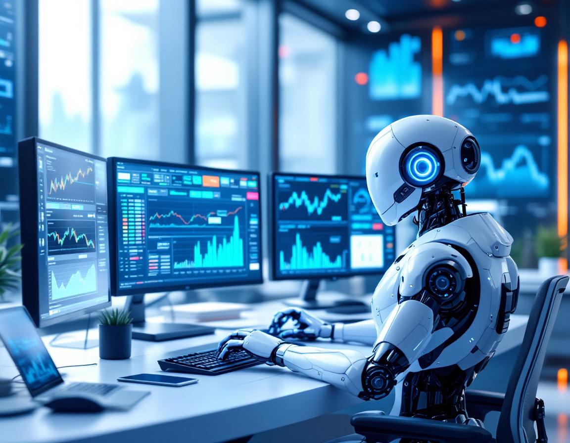 A hyper-realistic AI trading bot seated at a workstation, analyzing markets on multiple screens.