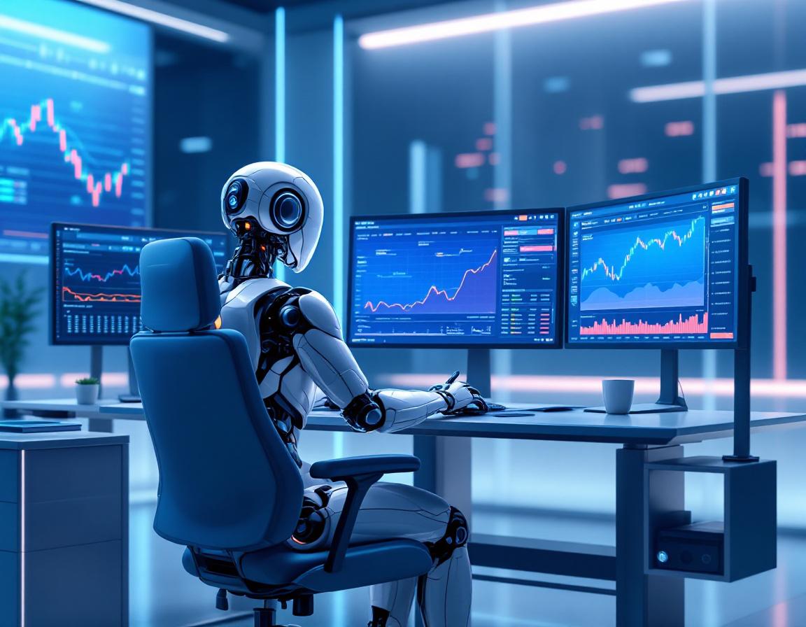 A humanoid AI trading bot at a high-tech workstation analyzing market data on multiple screens.