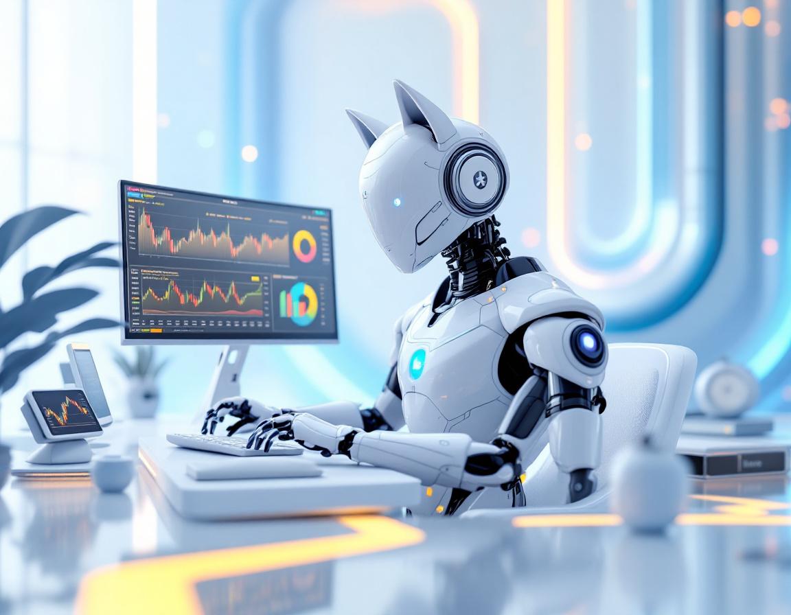 A hyper-realistic AI trading bot in a futuristic environment analyzing crypto and stock market data.
