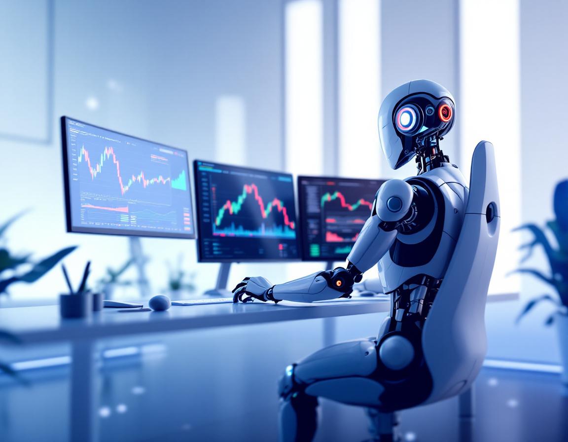 A hyper-realistic AI trading bot at a workstation analyzing data on screens in a futuristic setting.