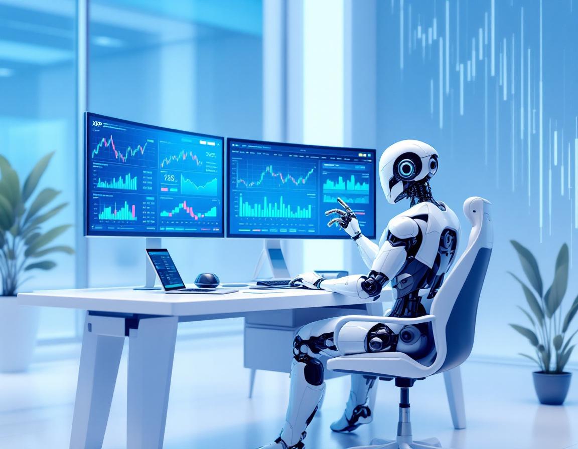 A hyper-realistic AI trading bot with multiple screens analyzing crypto and stock market data.