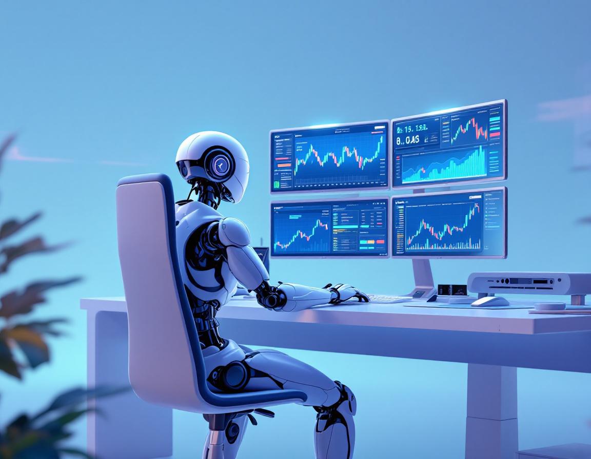 A humanoid AI trading bot at a workstation analyzing multiple screens in a futuristic style.