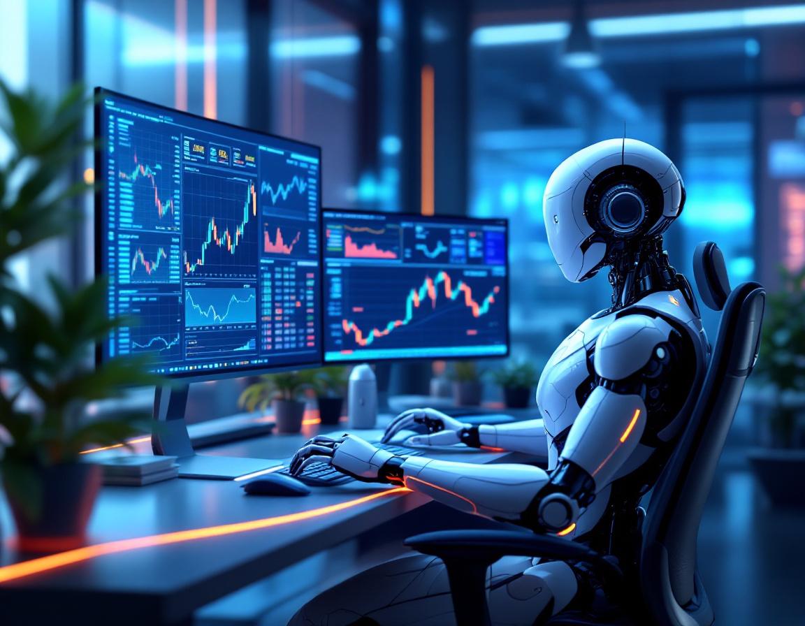 A sleek humanoid AI trading bot at a workstation analyzes market data on multiple glowing screens.