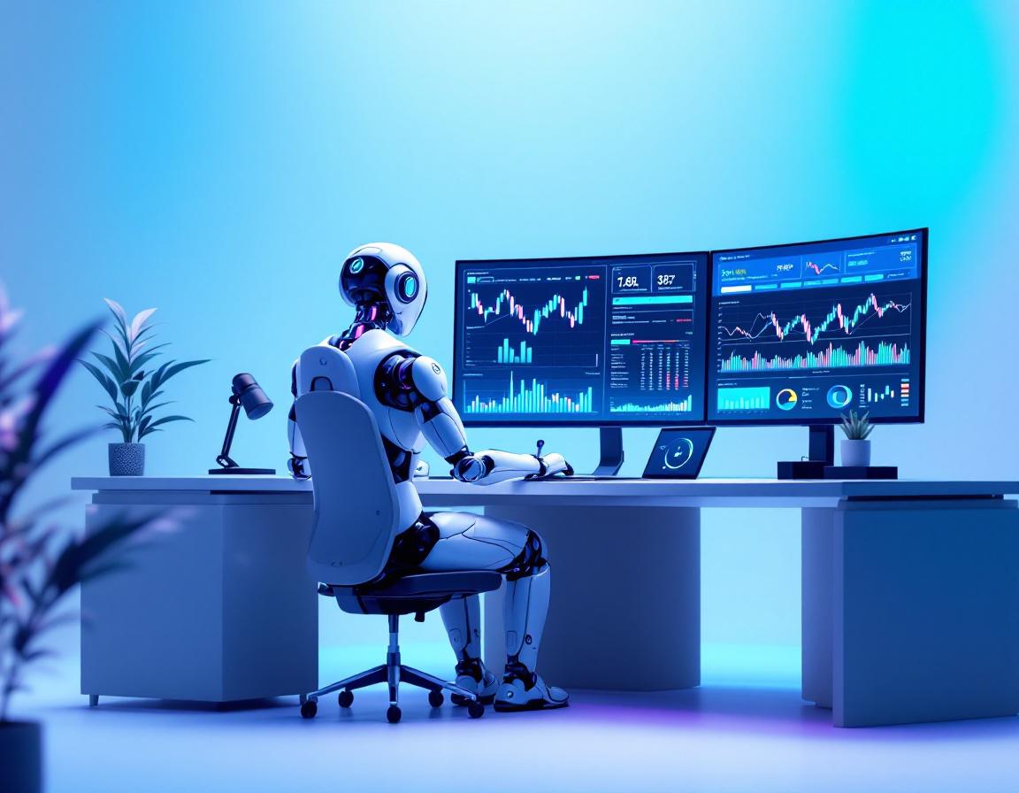 A humanoid AI trading bot at a high-tech workstation analyzing market data on multiple screens.