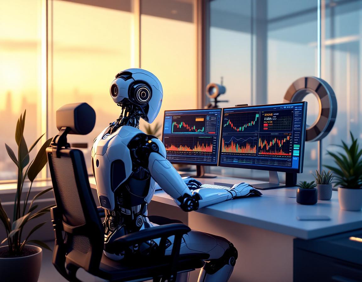 A hyper-realistic AI trading bot at a workstation, analyzing data and executing trades on screens.