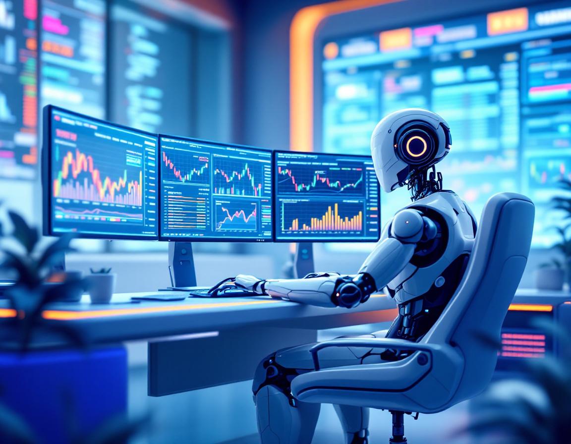 A humanoid AI trading bot at a hi-tech workstation analyzing market data on multiple screens.