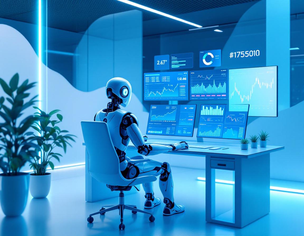 A hyper-realistic AI trading bot analyzes market data on multiple screens in a futuristic setting.