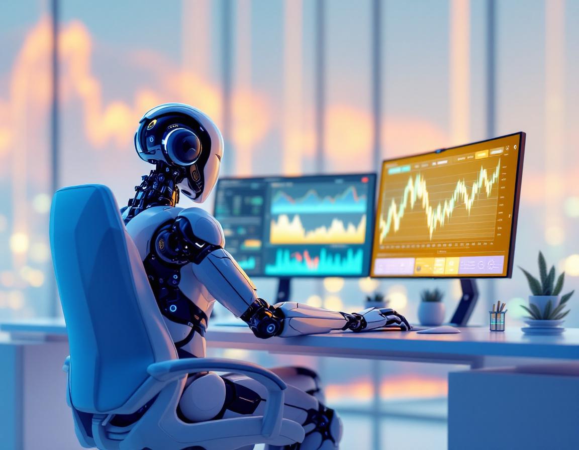 A hyper-realistic AI trading bot at a futuristic workstation analyzing crypto and stock market data.