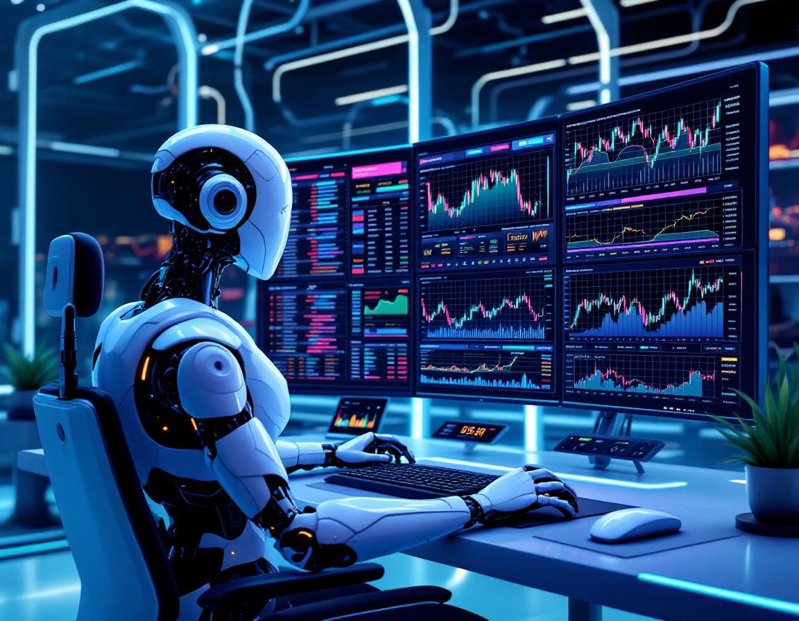 A hyper-realistic AI trading bot analyzes market data on multiple screens in a futuristic setting.