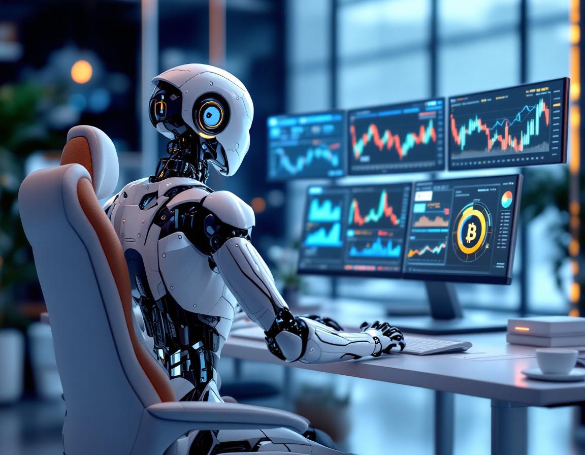 A humanoid AI trading bot at a high-tech station analyzes markets, with data-rich screens around it.