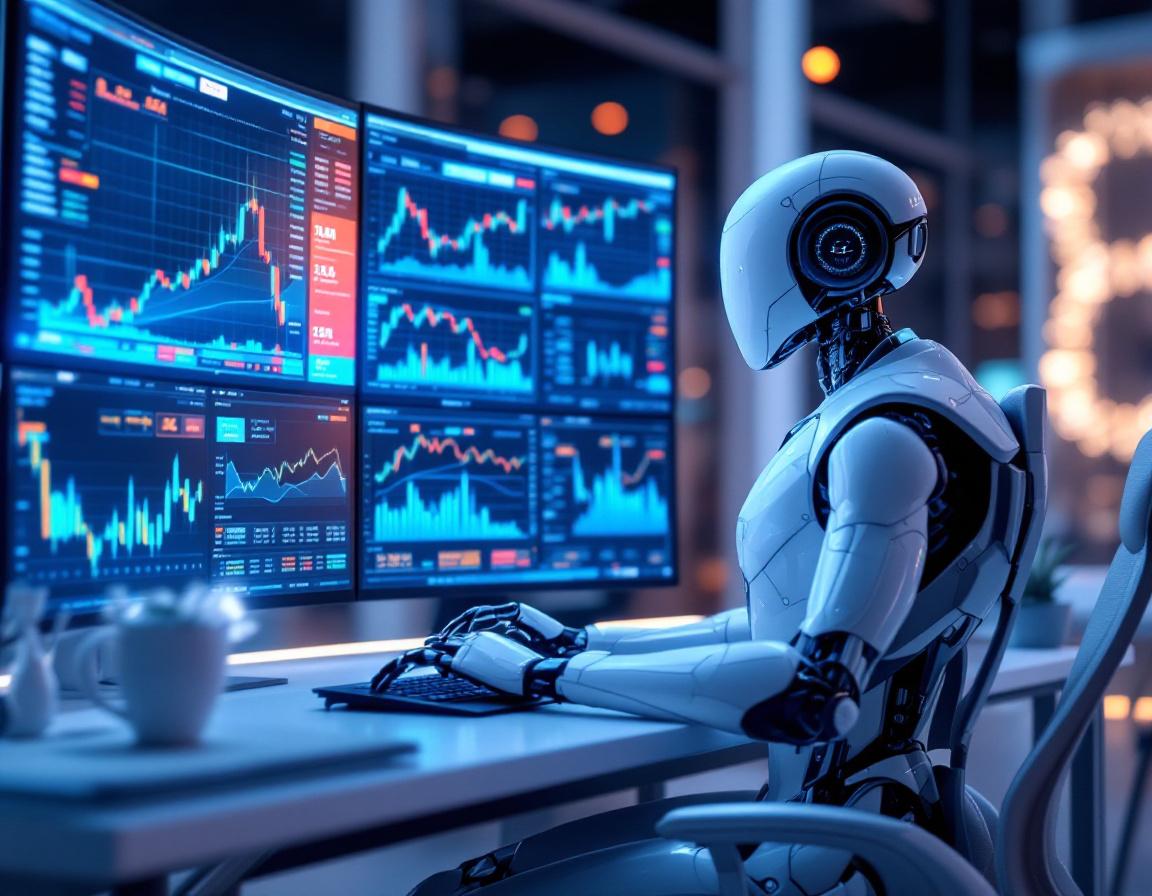A humanoid AI trading bot at a workstation analyzes market data across multiple high-tech screens.