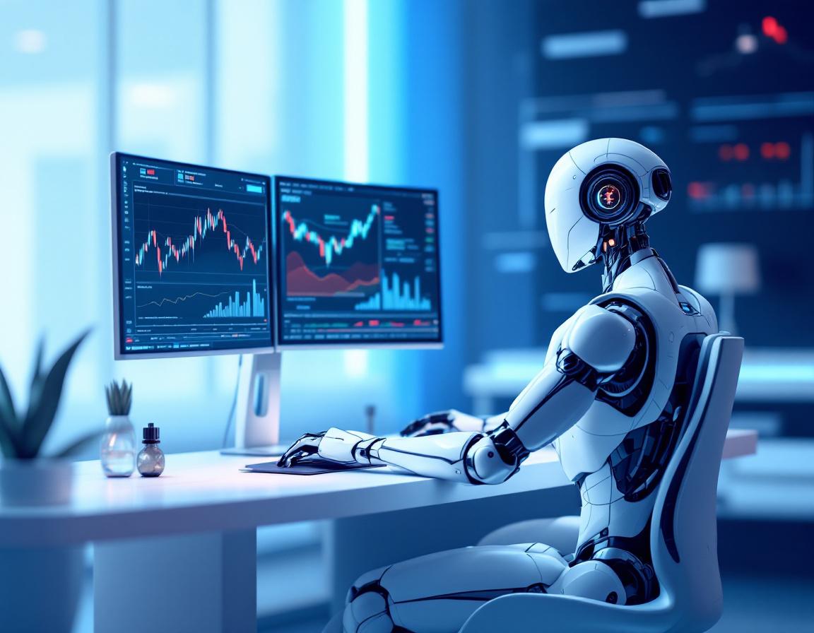A humanoid AI trading bot at a high-tech workstation analyzing market data on multiple screens.