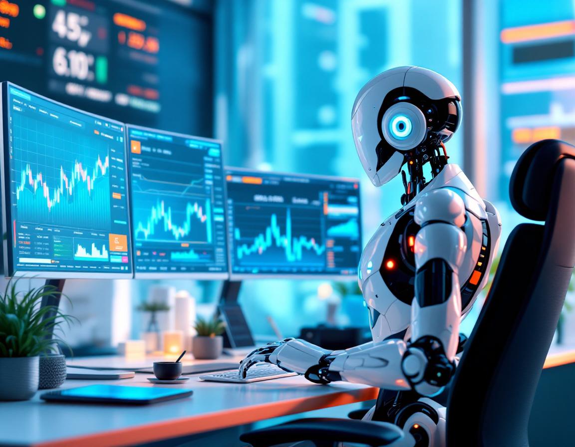 A humanoid AI trading bot at a high-tech workstation analyzing market data on multiple screens.