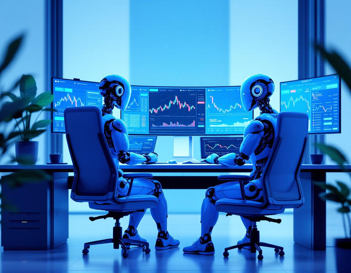 A humanoid AI trading bot analyzes market data at a high-tech workstation with glowing neon details.