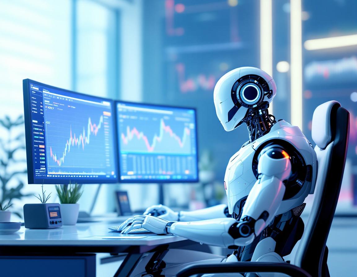 A hyper-realistic AI trading bot at a workstation analyzing market data on multiple screens.