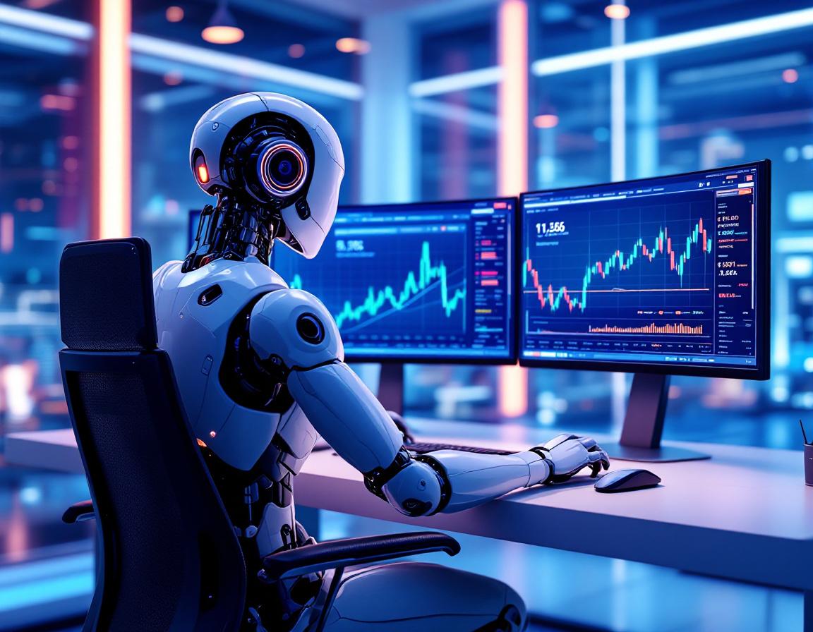 A hyper-realistic AI trading bot analyzes market data at a sleek workstation with multiple screens.
