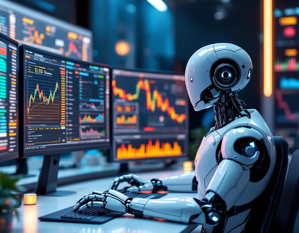 A futuristic AI trading bot at a high-tech workstation analyzing market data on multiple screens.