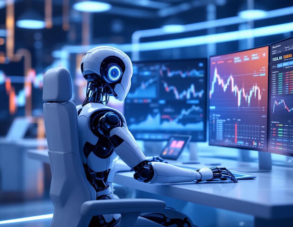 A humanoid AI trading bot analyzes market data at a high-tech workstation with multiple screens.