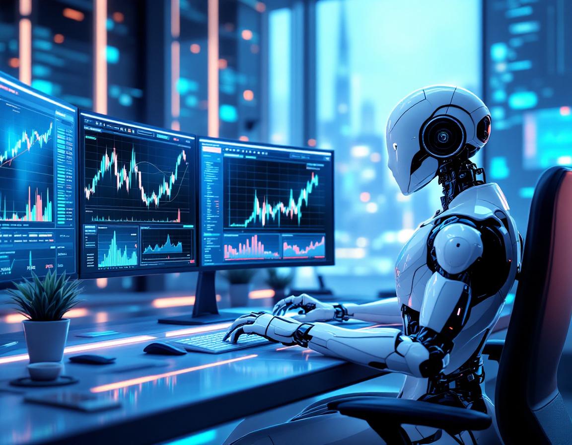 A humanoid AI trading bot analyzes market data at a high-tech workstation with glowing screens.