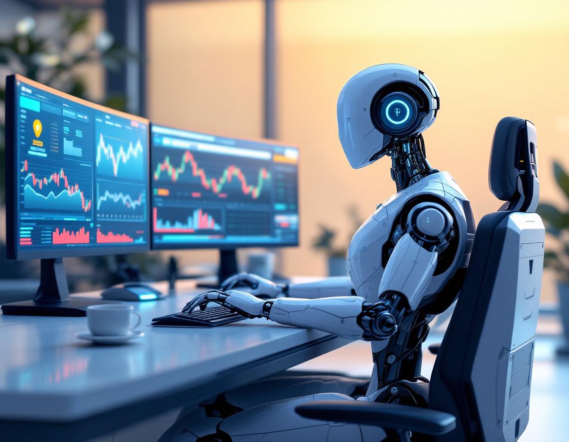 A hyper-realistic AI trading bot at a workstation, analyzing data across multiple market screens.