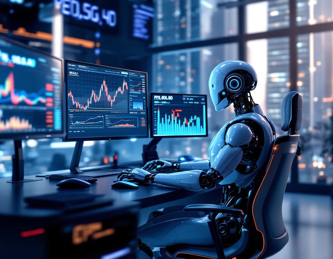 A hyper-realistic AI trading bot analyzes market data at a sleek workstation with multiple screens.