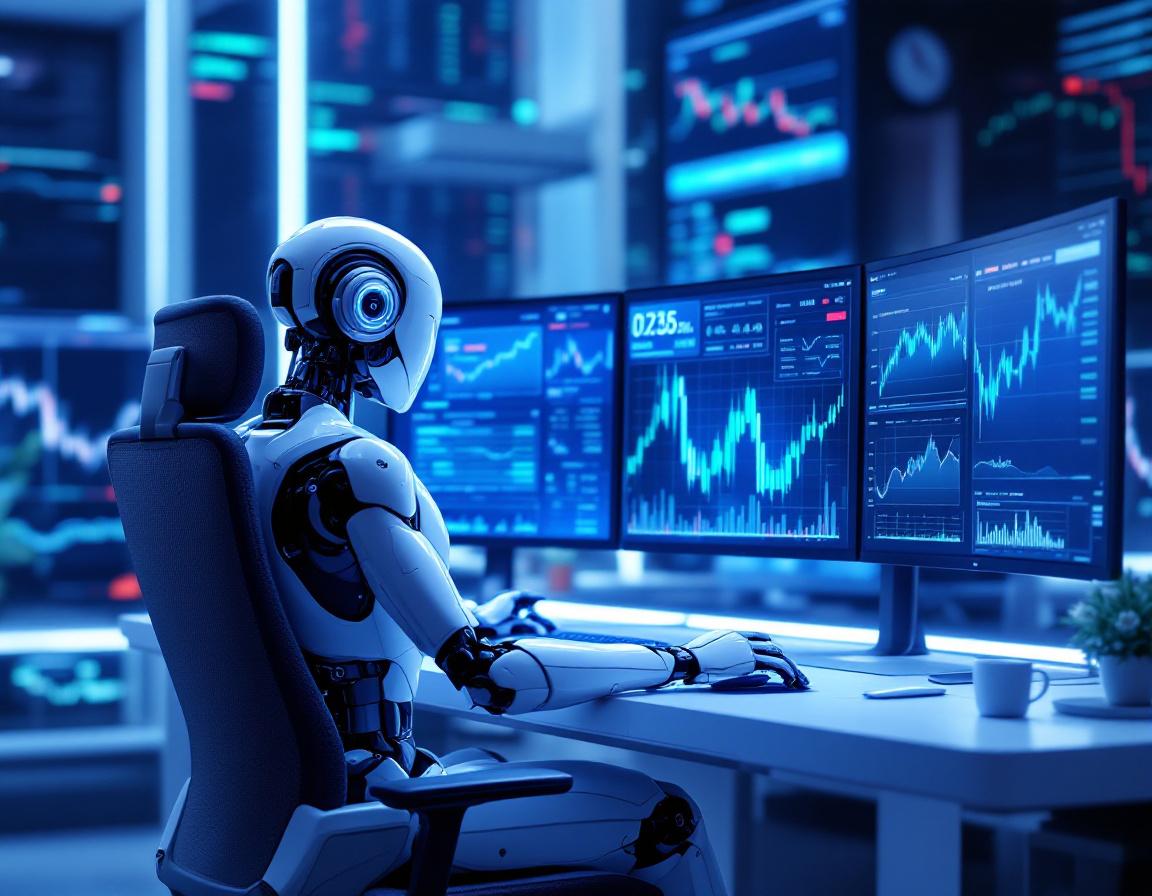 A humanoid AI trading bot at a high-tech workstation analyzes market data across multiple screens.