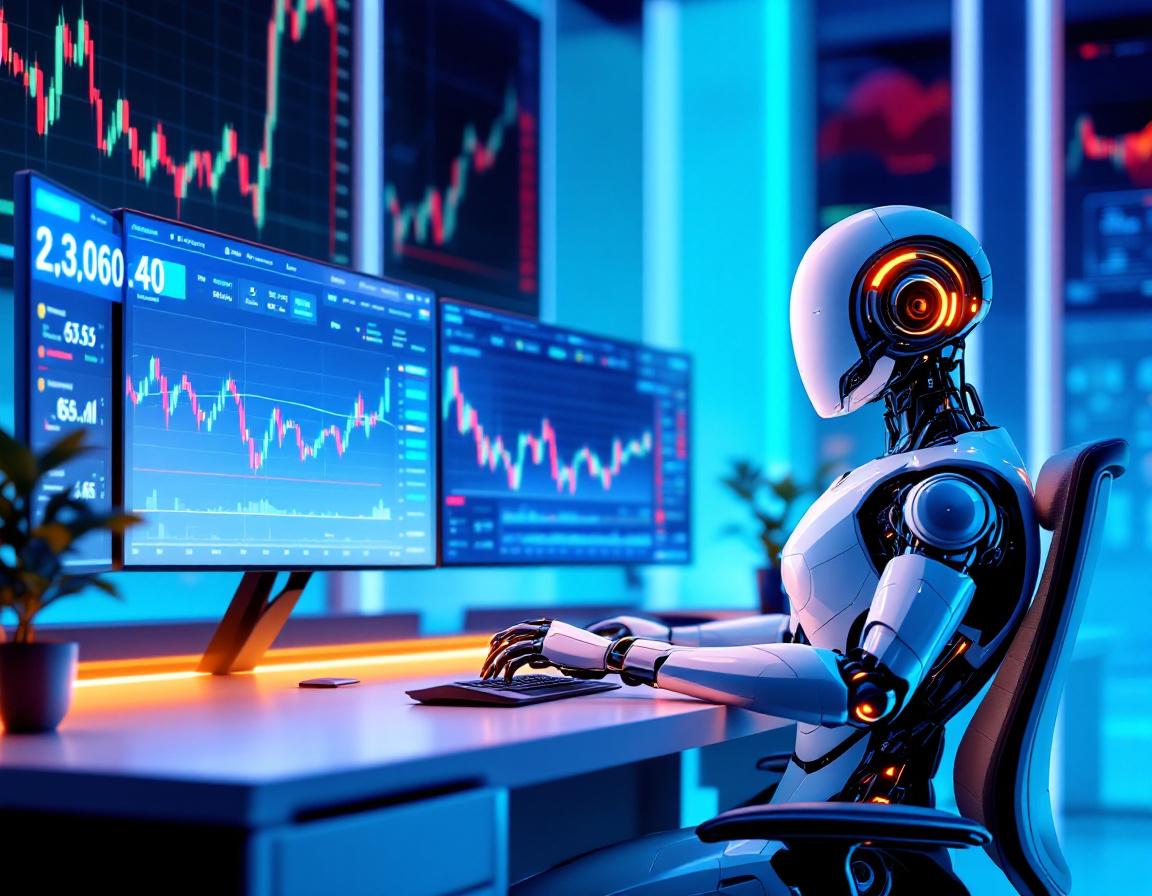A hyper-realistic AI trading bot analyzes data at a high-tech workstation with multiple screens.