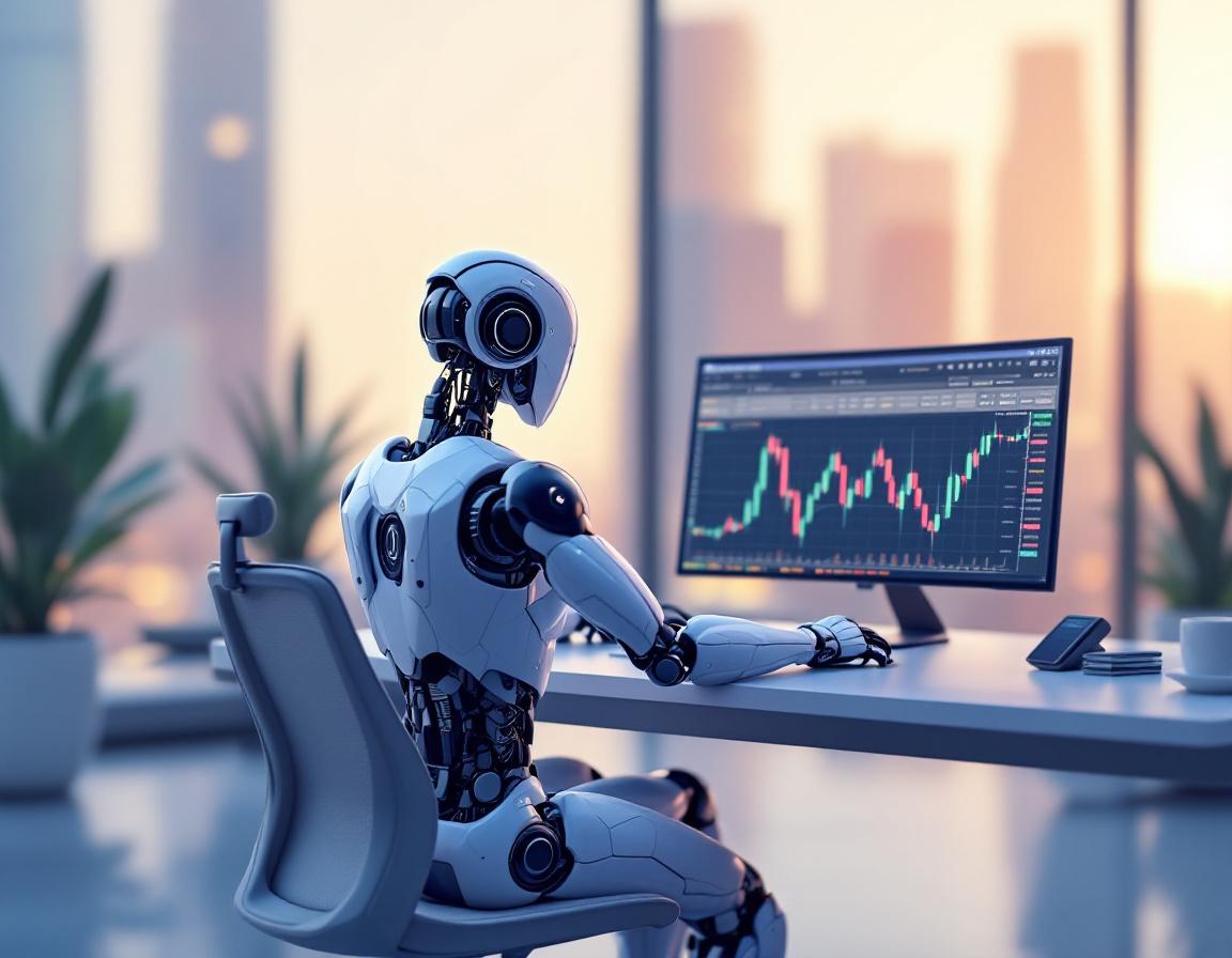 A humanoid AI trading bot at a high-tech workstation analyzes market data across multiple screens.