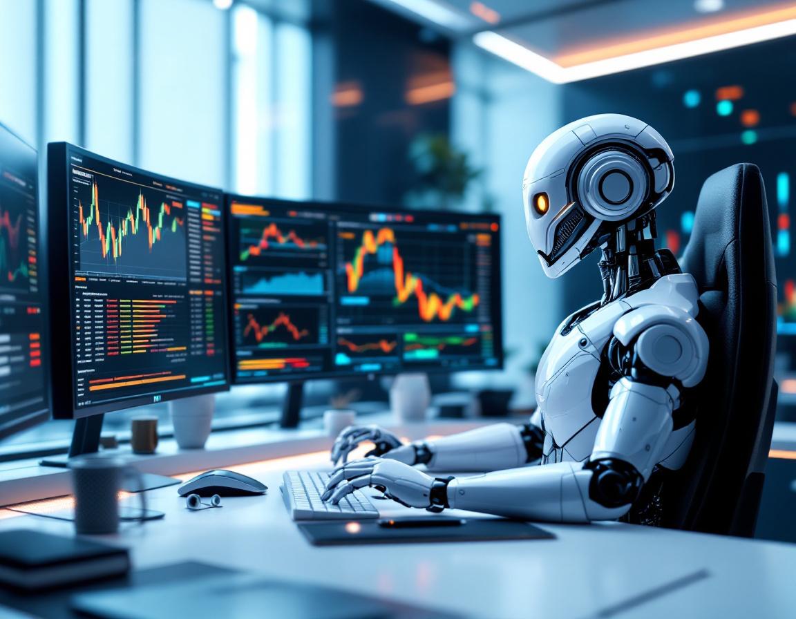A humanoid AI trading bot analyzes market data at a high-tech workstation with multiple screens.