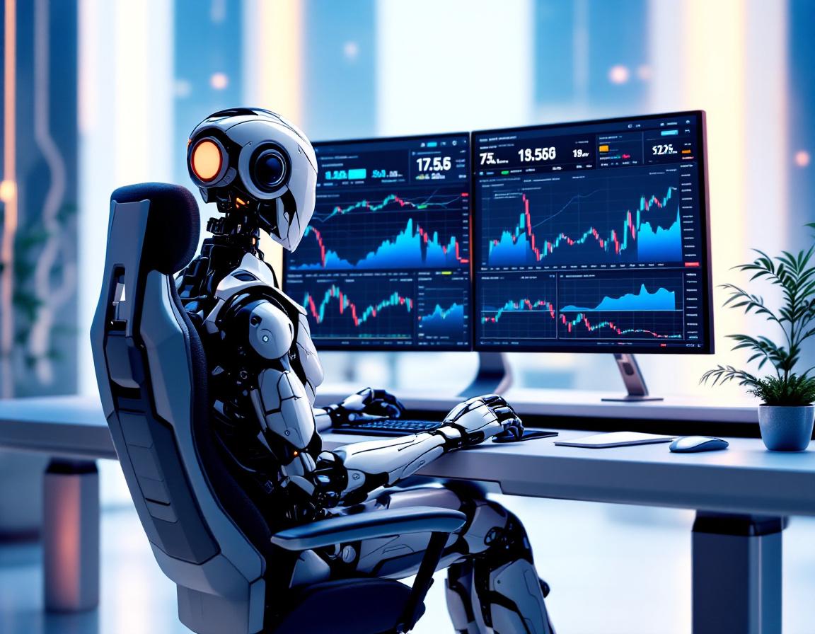 A humanoid AI trading bot at a high-tech workstation, analyzing crypto data on multiple screens.
