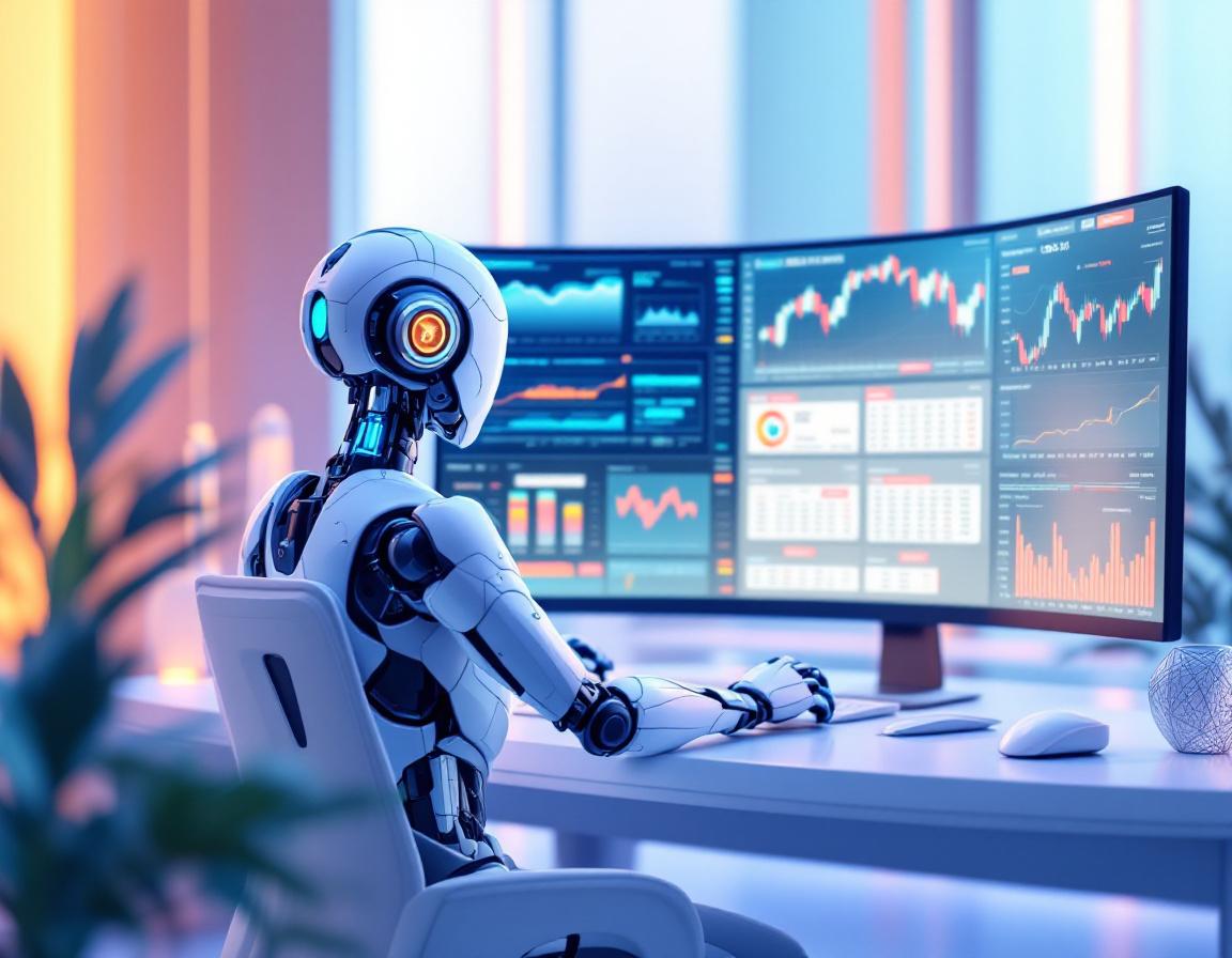 A hyper-realistic AI trading bot analyzes data at a futuristic workstation with multiple screens.
