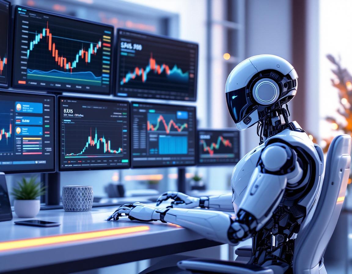 A humanoid AI trading bot at a high-tech workstation analyzing market data on multiple screens.