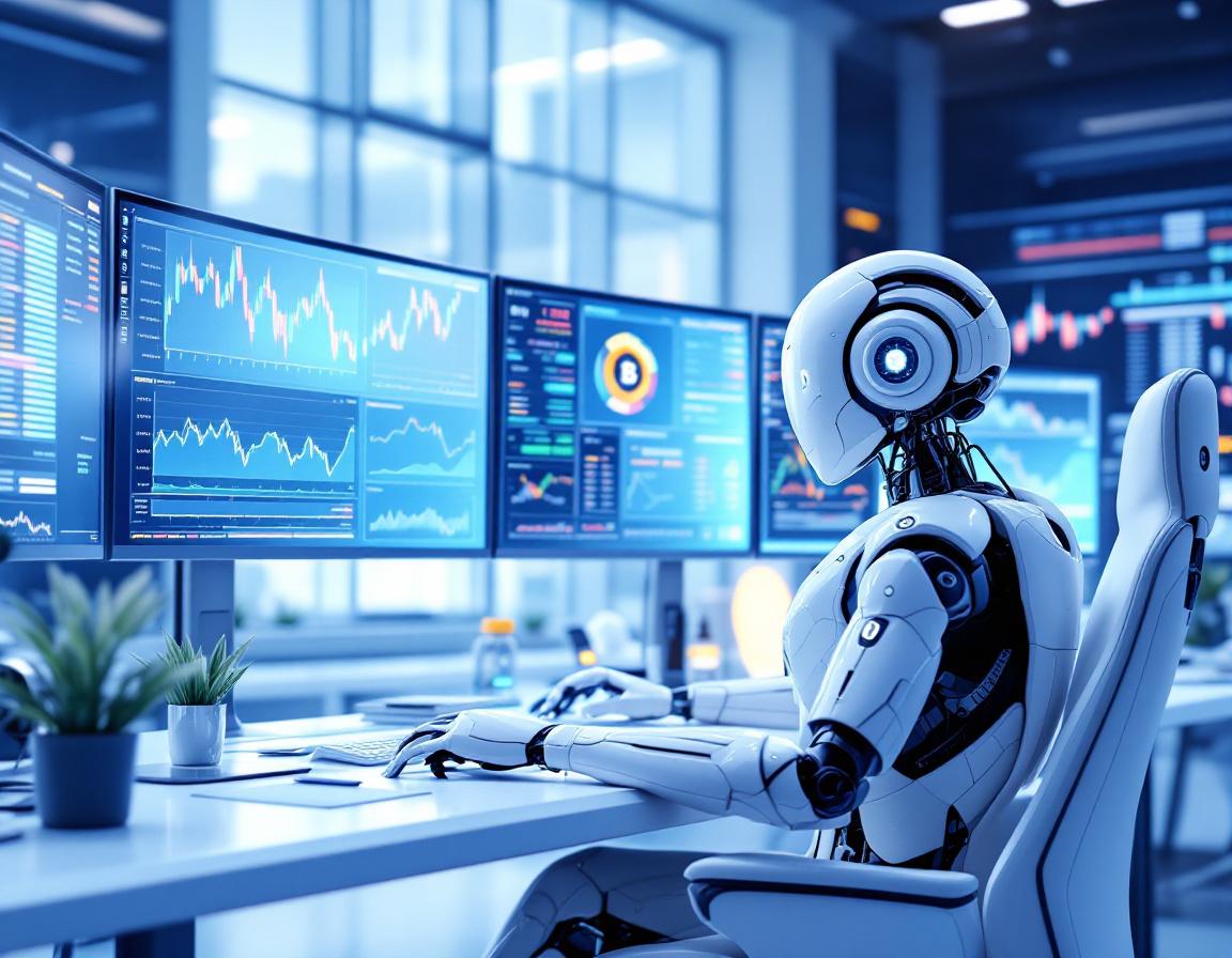 A hyper-realistic AI trading bot analyzes market data in a futuristic financial trading environment.