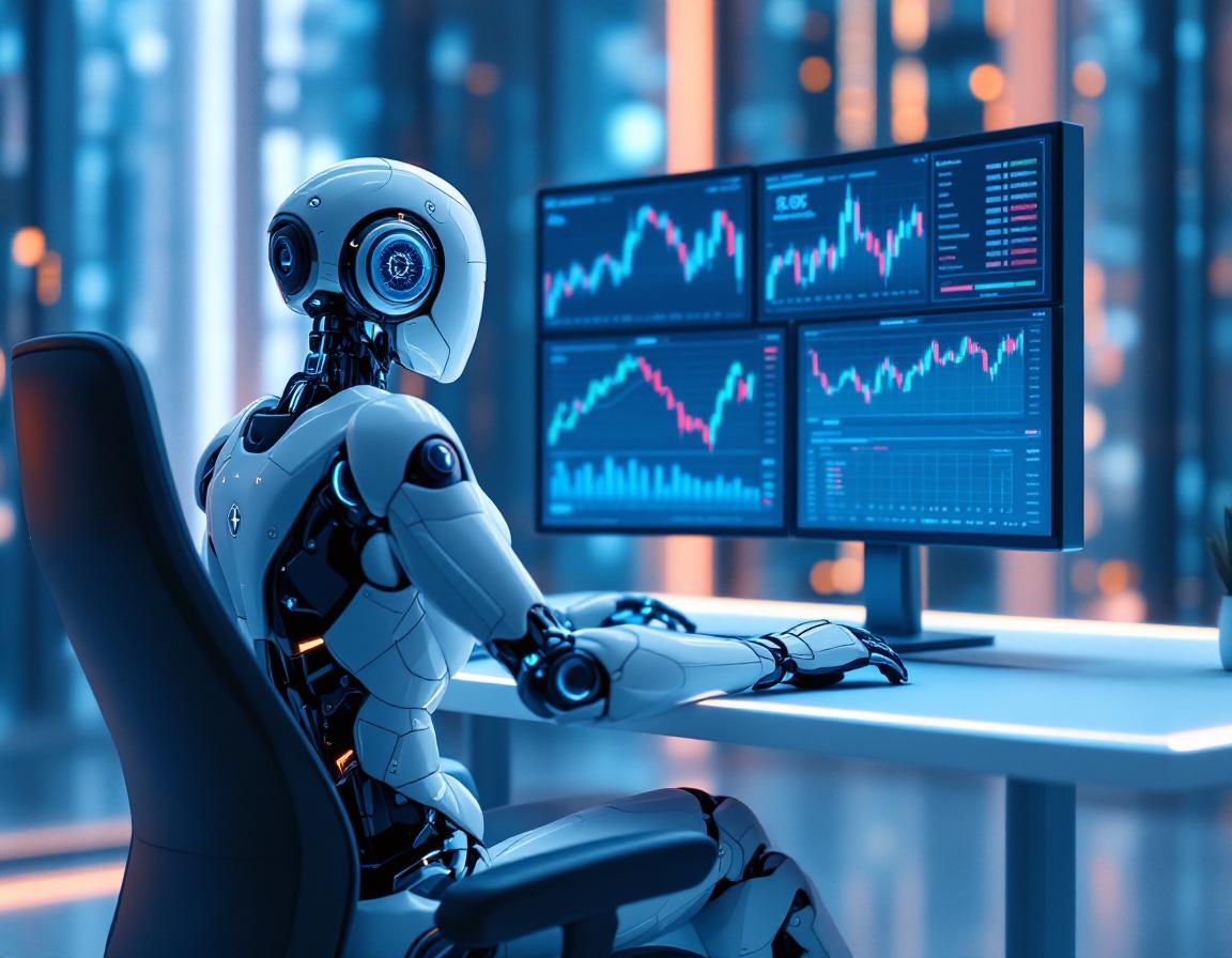 A hyper-realistic AI trading bot at a sleek workstation analyzing market data on multiple screens.