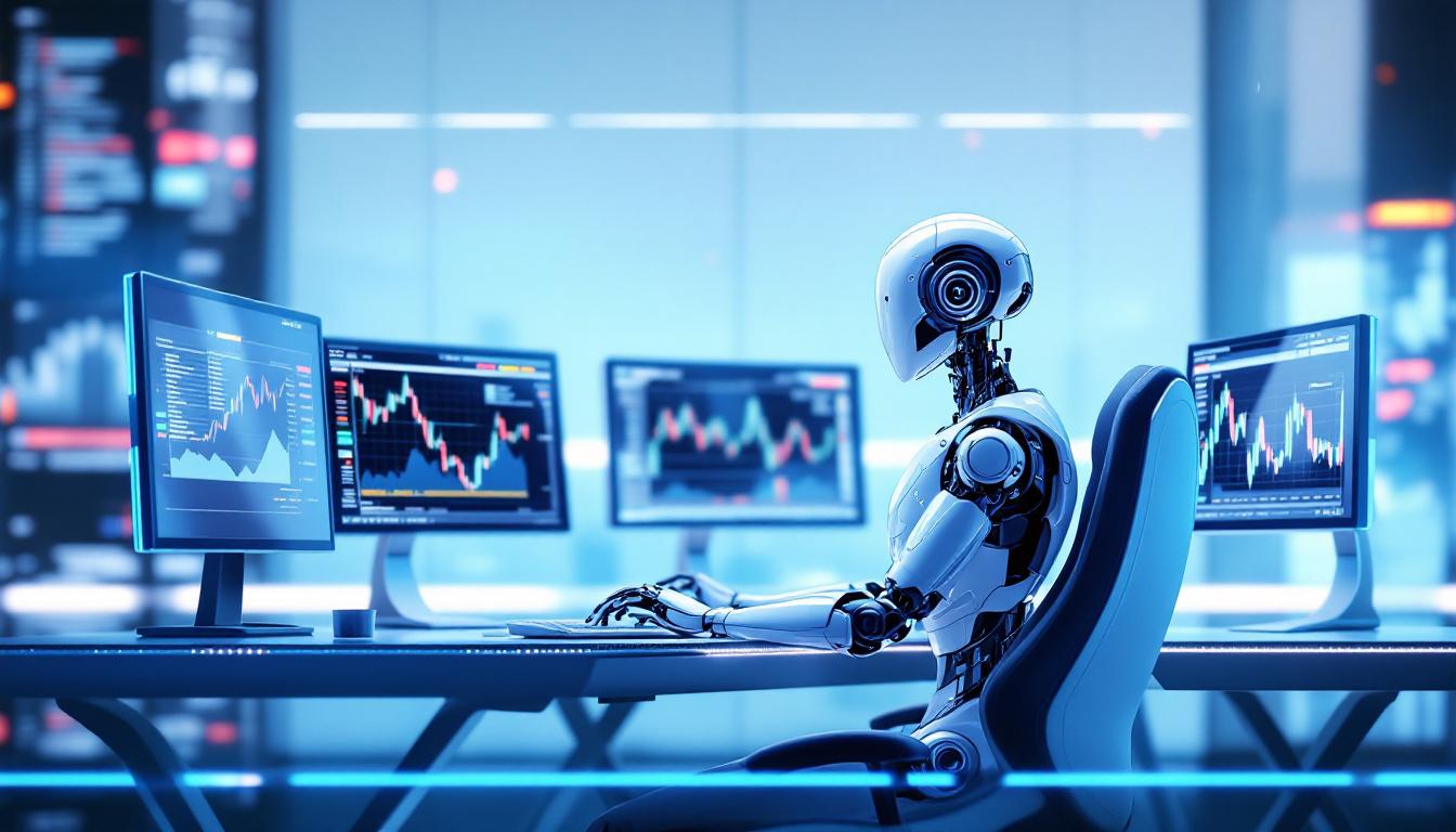A hyper-realistic AI trading bot at a workstation, analyzing market data on multiple screens.
