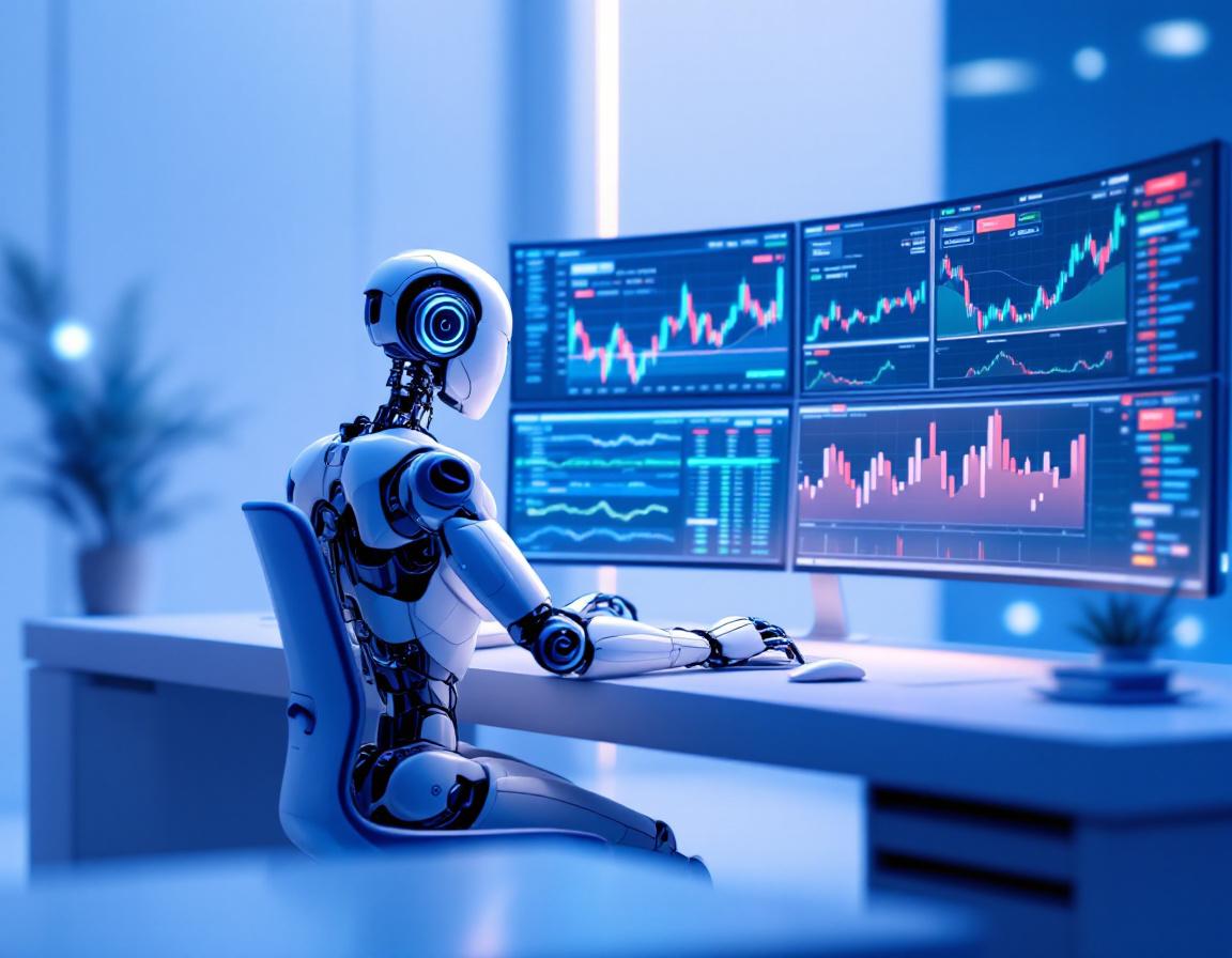 A hyper-realistic AI trading bot in a futuristic environment analyzing crypto and stock market data.