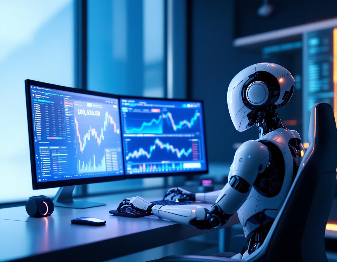 A humanoid AI trading bot at a high-tech workstation, analyzing market data with multiple screens.